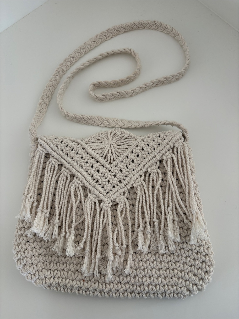 Beige Macramé Fringe Crossbody Bag - Boho Women’s Shoulder Bag